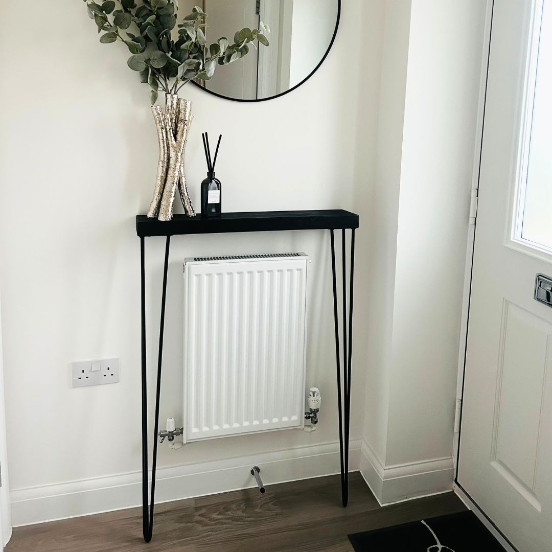 Buy Rustic RADIATOR shelf /console table with hairpin legs – Masterplank UK