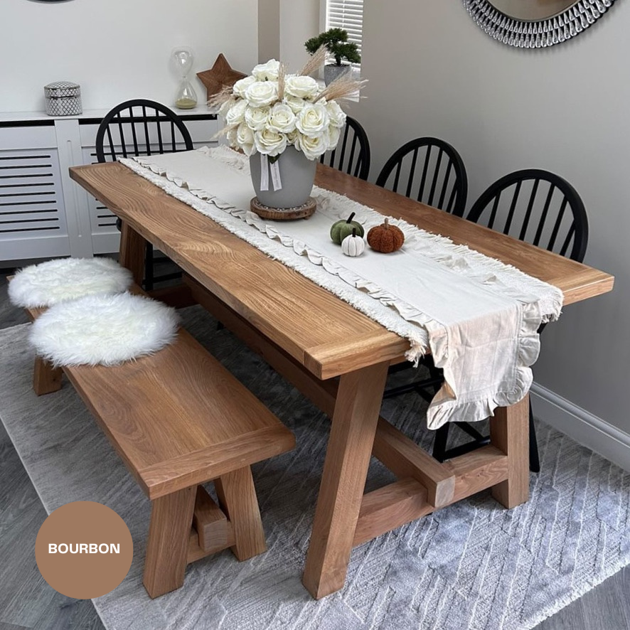 Boscobel - Solid Oak Trestle dining table - Thick Oak Trestle legs Masterplank