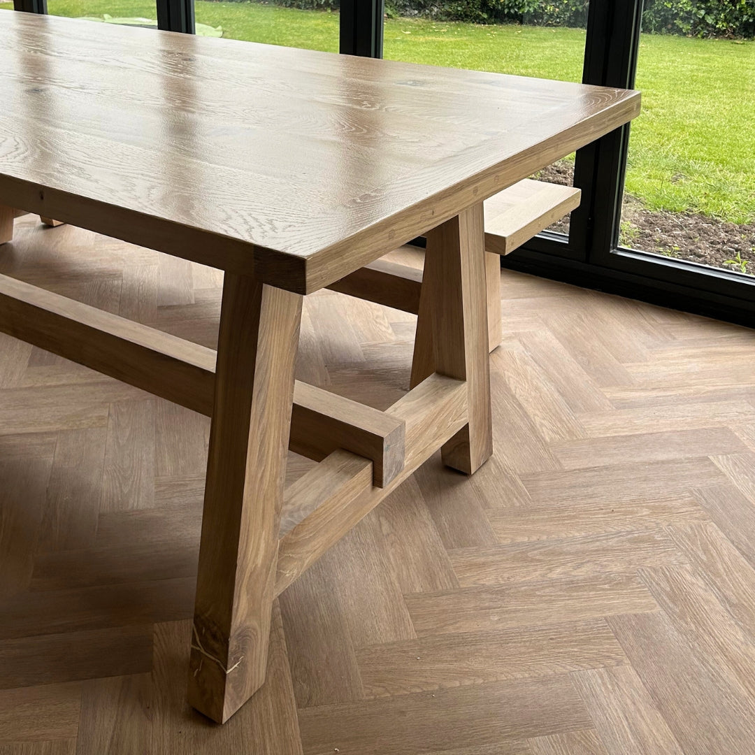 Boscobel - Solid Oak trestle dining table - thick legs masterplank uk shop