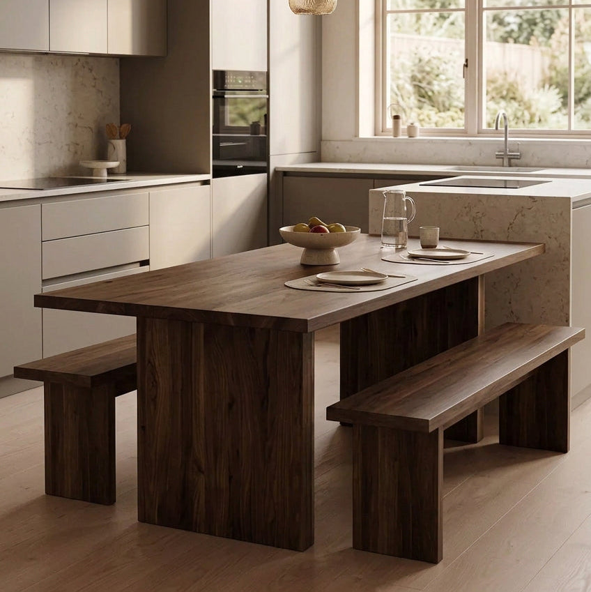 A minimalist wooden dining table with a thick rectangular top and two blocky legs, shown in a warm, neutral-toned room with beige walls and floor.