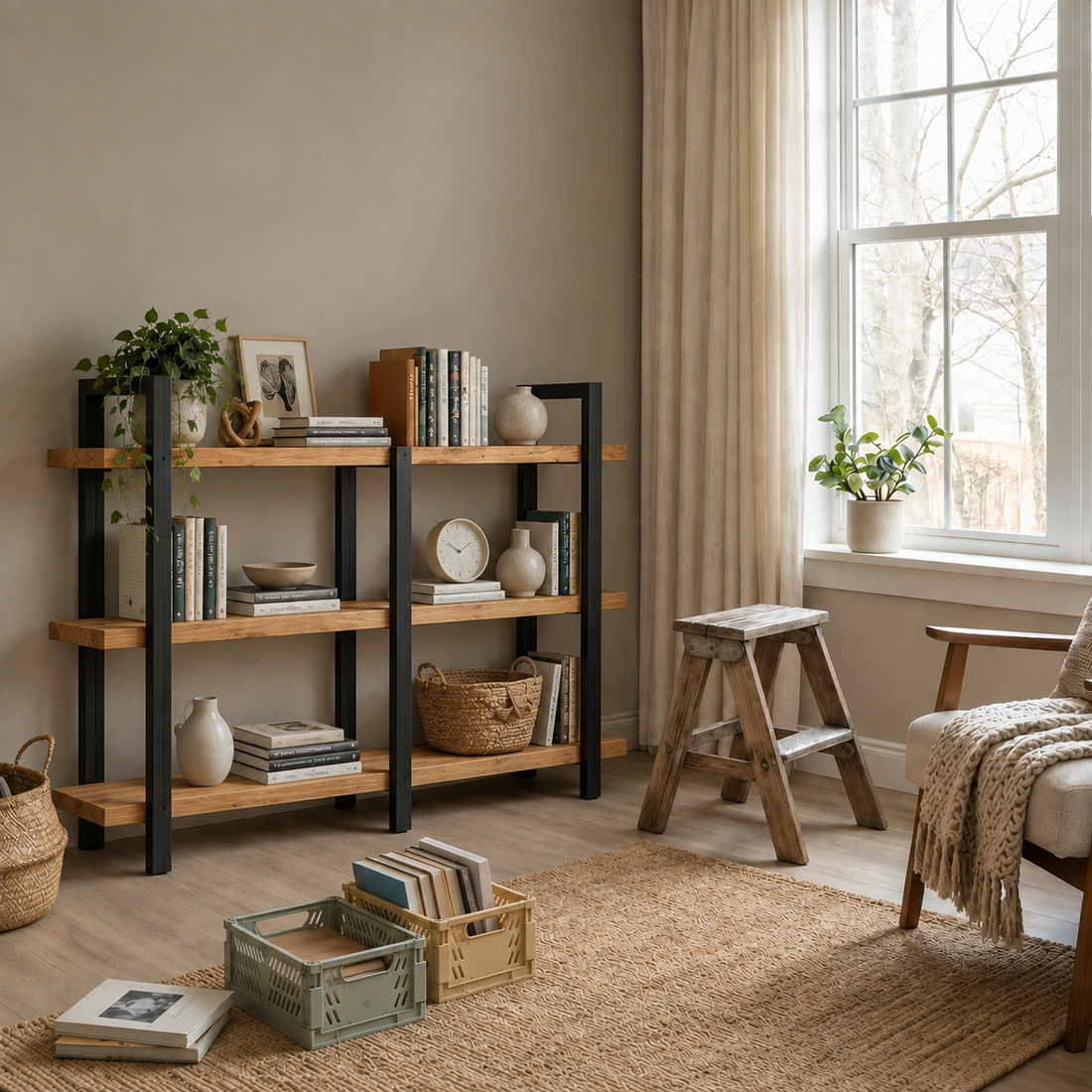 A rustic three-tier wooden bookshelf with black metal legs, styled with books, vases, and plants in a warm, neutral-toned living room next to a window.
