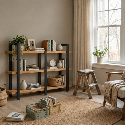 A rustic three-tier wooden bookshelf with black metal legs, styled with books, vases, and plants in a warm, neutral-toned living room next to a window.