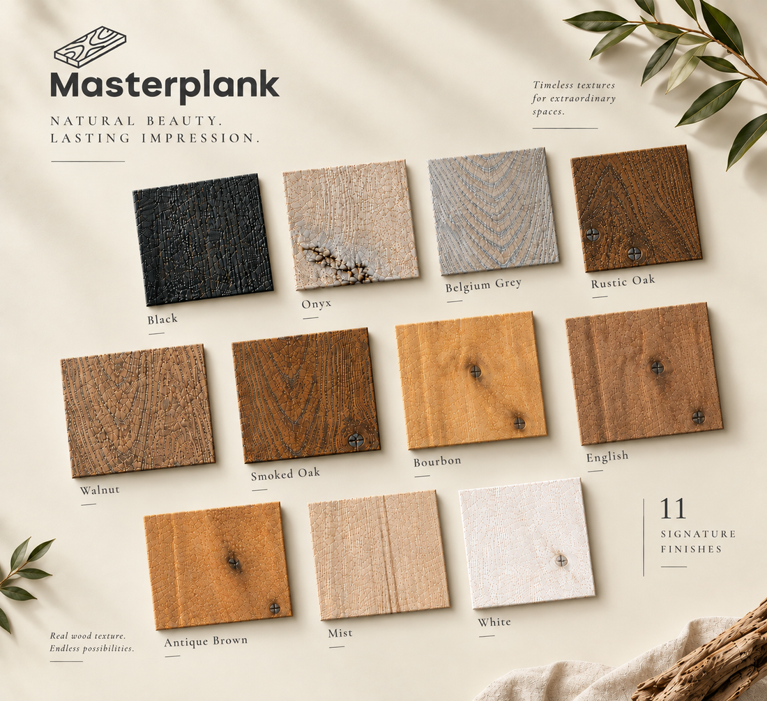 Masterplank wood finish color swatch chart showing 11 different wood stain options including Black, Oavy, Belgium Grey, Rustic Oak, Walnut, Smoked Oak, Bourbon, English, Antique Brown, Mist, and White, arranged on a neutral beige background with decorative leaves.
