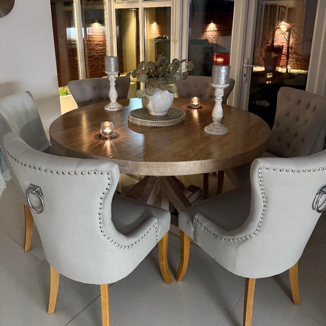 Chunky Solid Oak Round Dining table with Wooden Central Pedestal leg