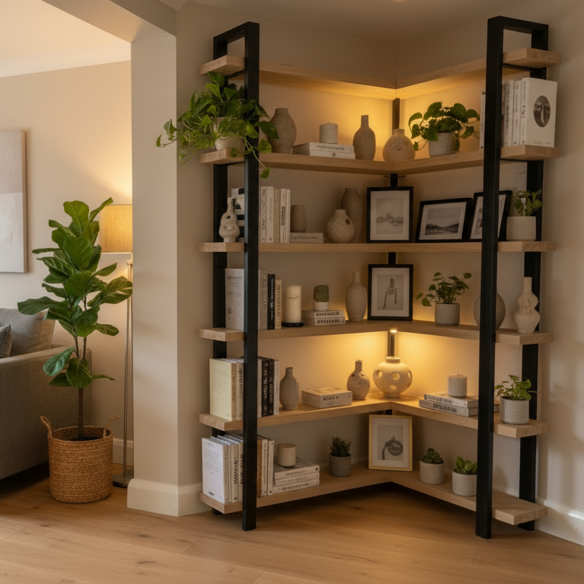 Solid oak corner bookcase handmade custom size