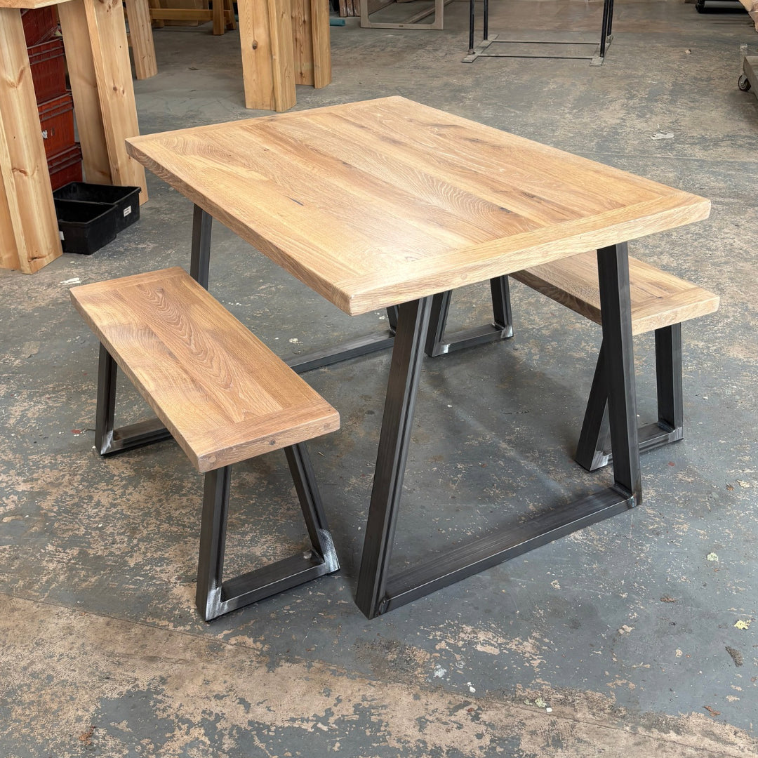Ex Demo - Solid Oak top Trapeze Dining table 120cm x 84cm - 2 Benches