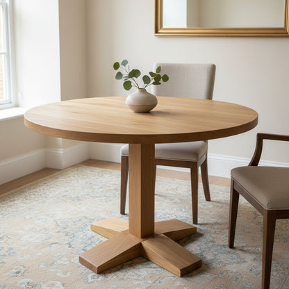 Rustic Solid Oak Round Dining Table - Straight Pedestal Leg