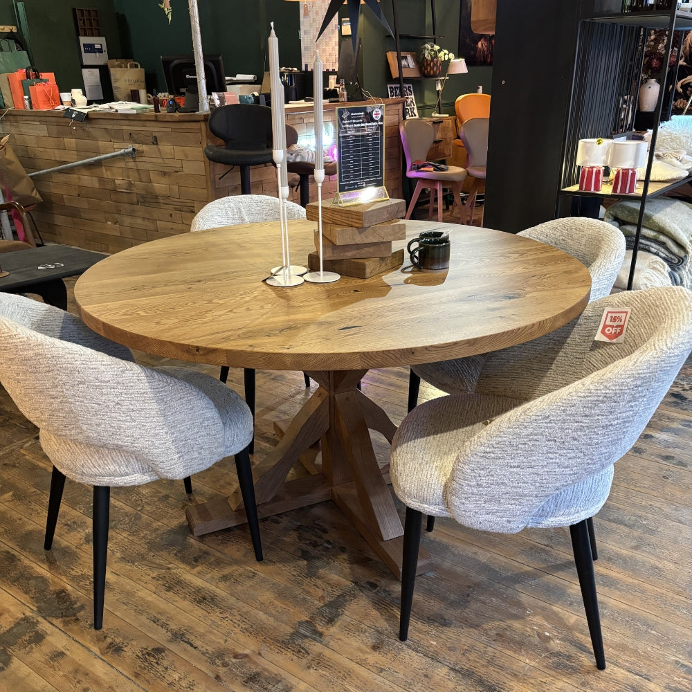 Ex Demo - Solid Oak Round 140cm Table with Oak pedestal legs