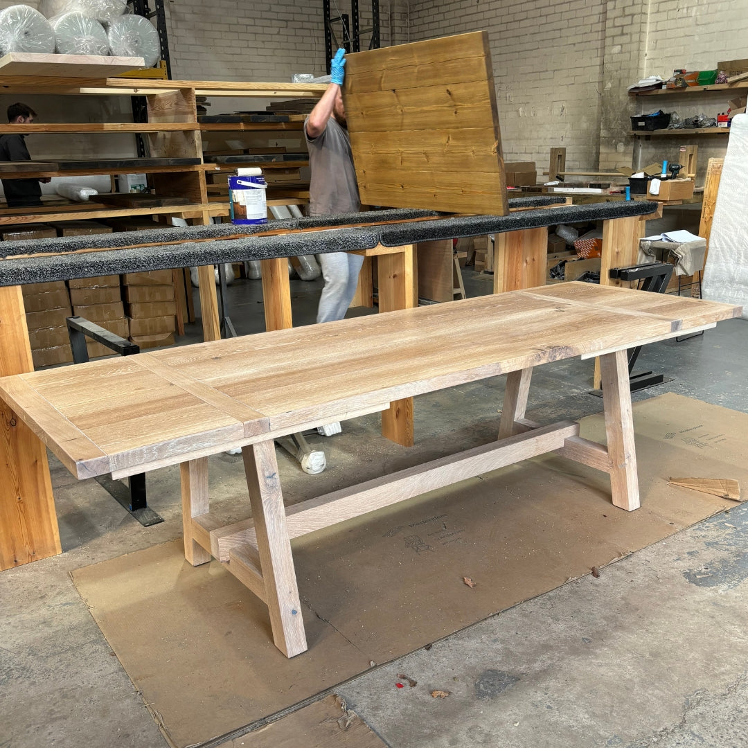 Boscobel - Solid Oak Trestle dining table - Thick Oak Trestle legs Masterplank