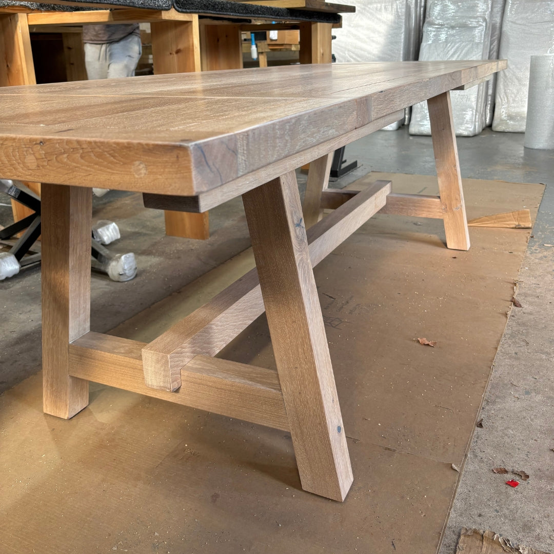 Boscobel - Solid Oak Trestle dining table - Thick Oak Trestle legs Masterplank