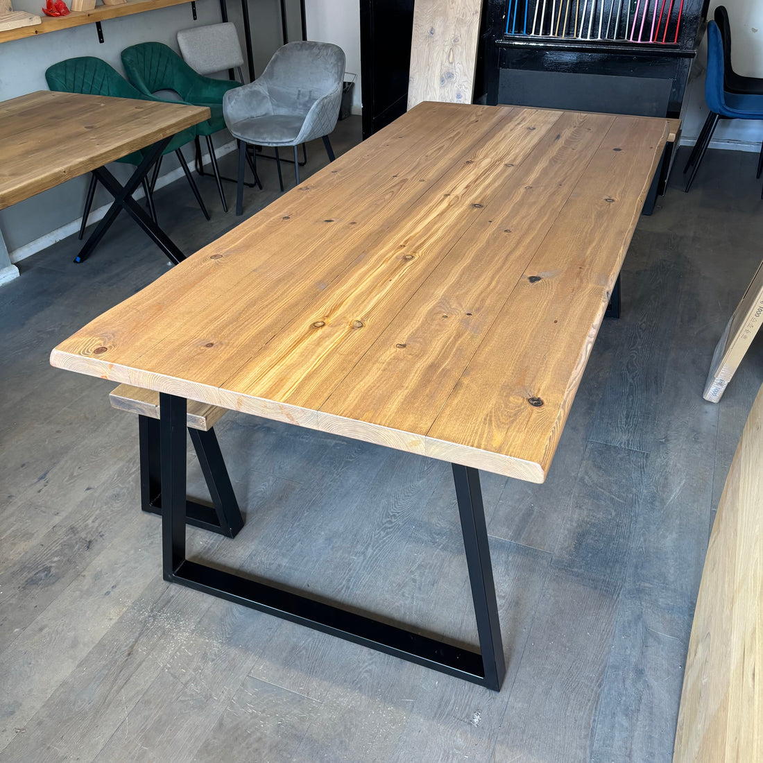 Ex Demo - 220 x 98cm Waney Edge Whiskey Dining Table, with 1 Bench - Choose your legs