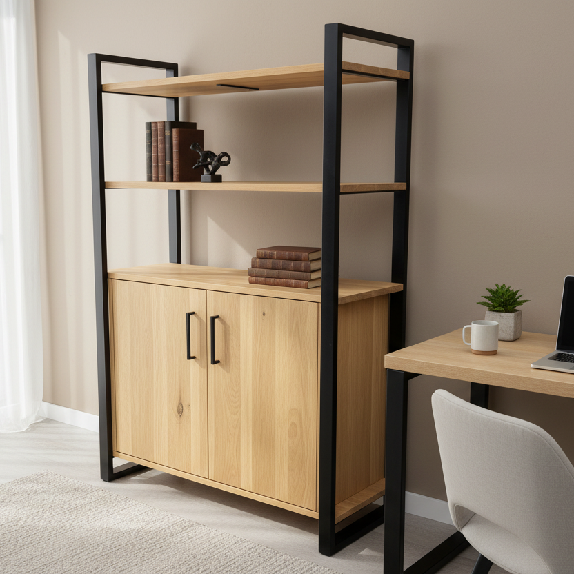 Modern home office with wooden cabinet, shelves, and desk.