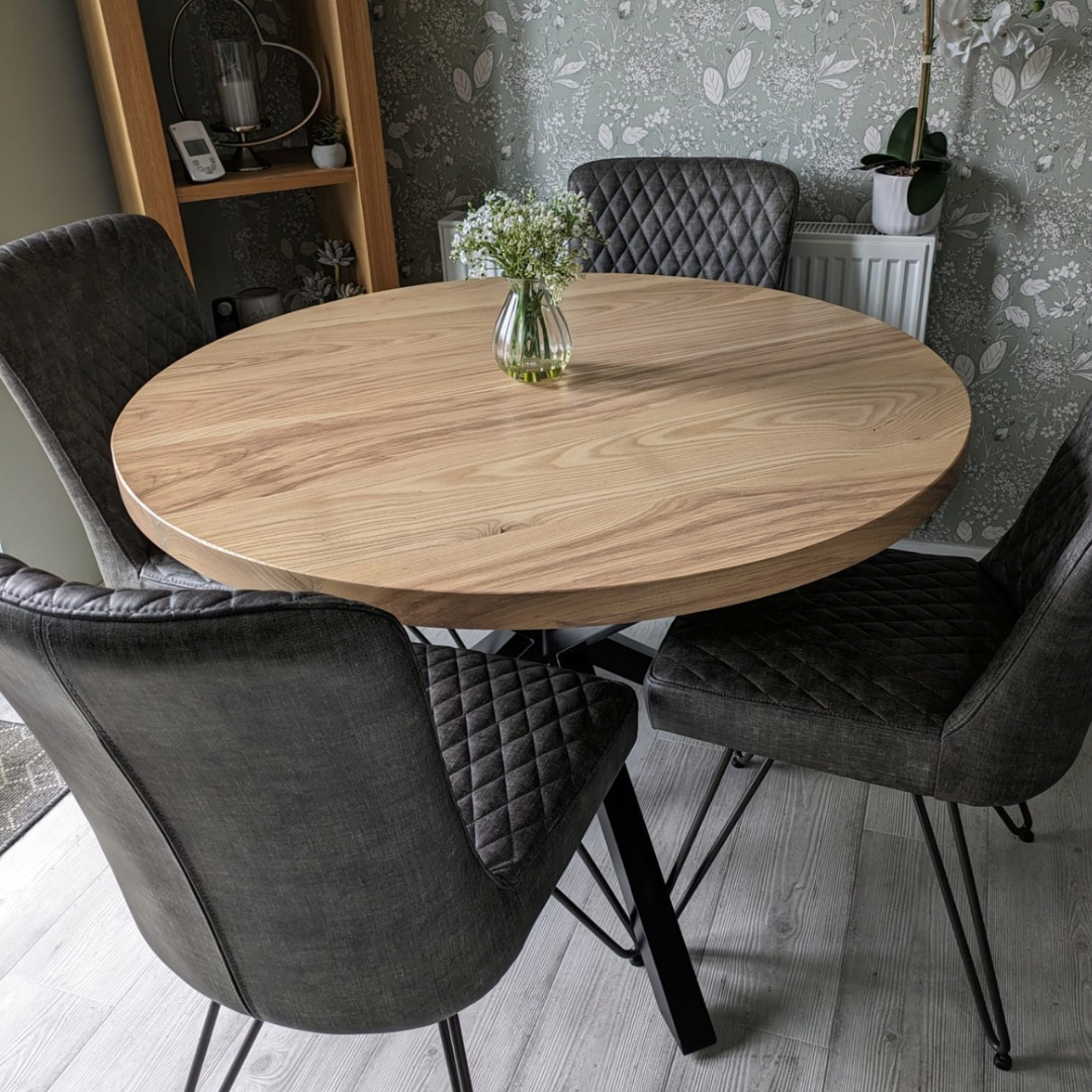 Solid Ash Round Dining Table - Steel crossed leg