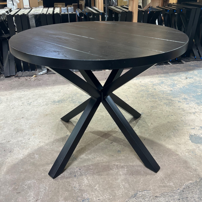 Rustic Reclaimed Round Dining Table - Steel crossed leg Tables Masterplank UK   