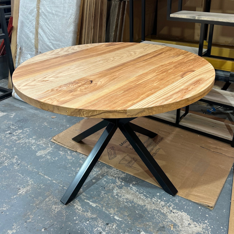 Solid Ash Round Dining Table - Steel crossed leg
