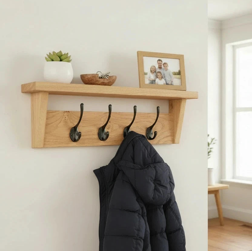 Solid Oak Canopy Coat hook shelf - Black coat hooks