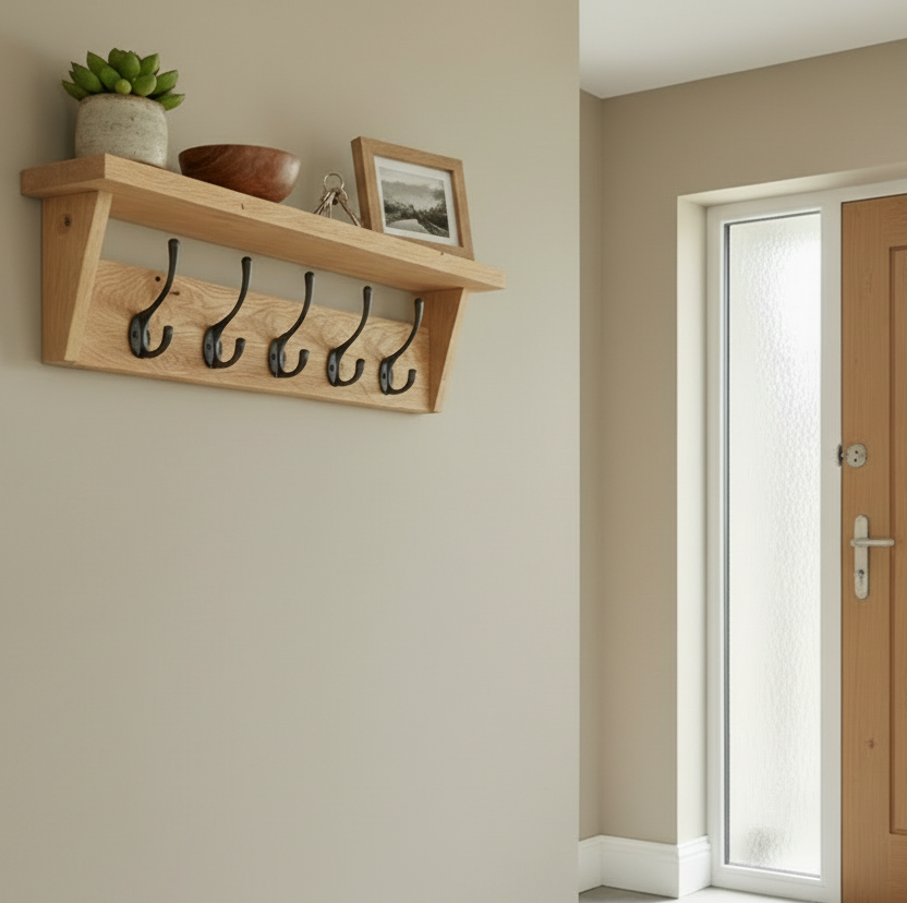 Solid Oak Canopy Coat hook shelf - Black coat hooks