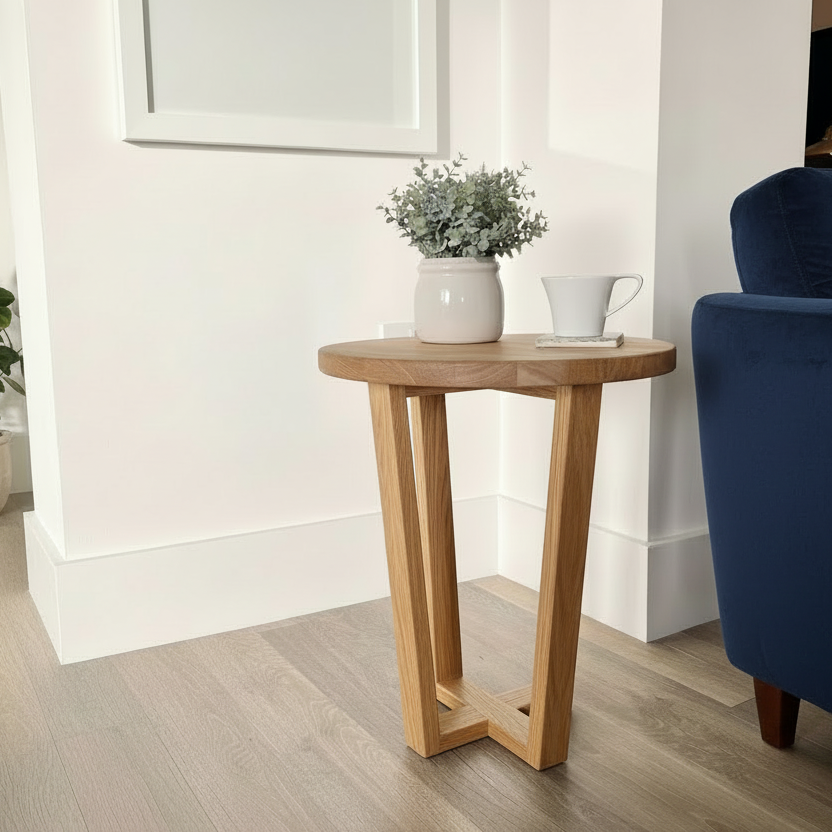 Wooden side table with decorative items in a living room setting