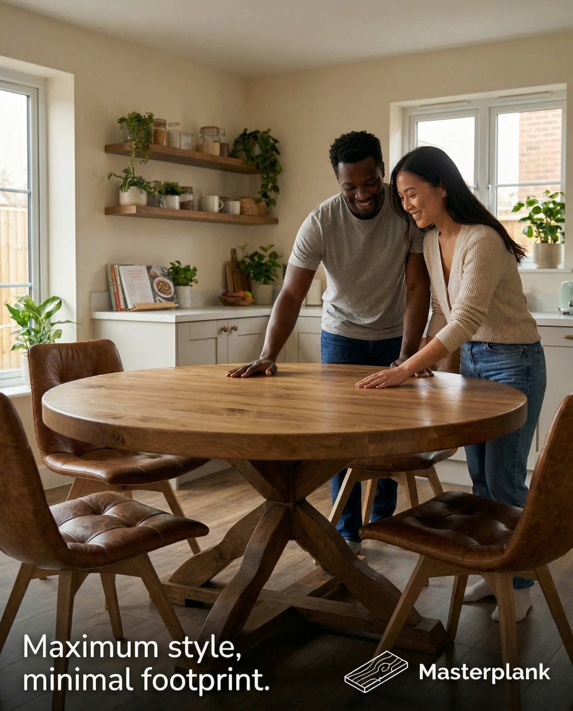 Chunky Rustic Solid Oak Round Dining table with Wooden Central Pedestal leg