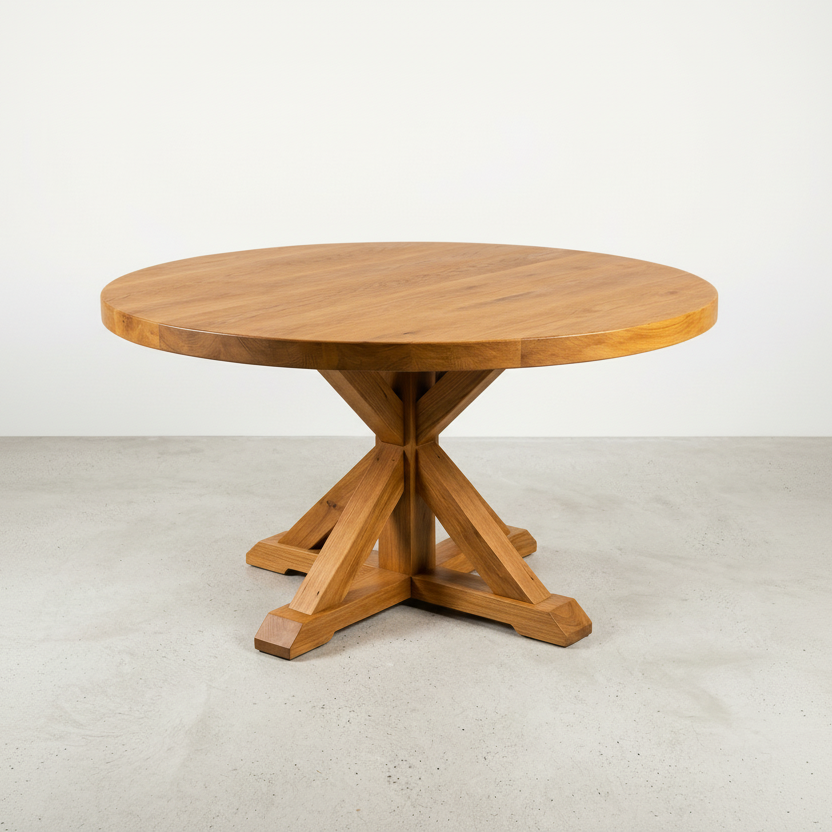 Chunky Rustic Solid Oak Round Dining table with Wooden Central Pedestal leg