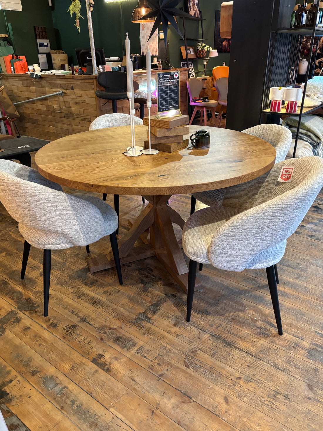 Ex Demo - Solid Oak Round 140cm Table with Oak pedestal legs