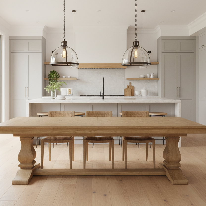 Wooden dining table on a white background