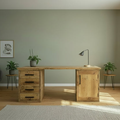 All Wooden Rustic Desk - With drawers and Cupboard