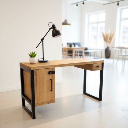 solid oak rustic desk with metal legs, storage underneath