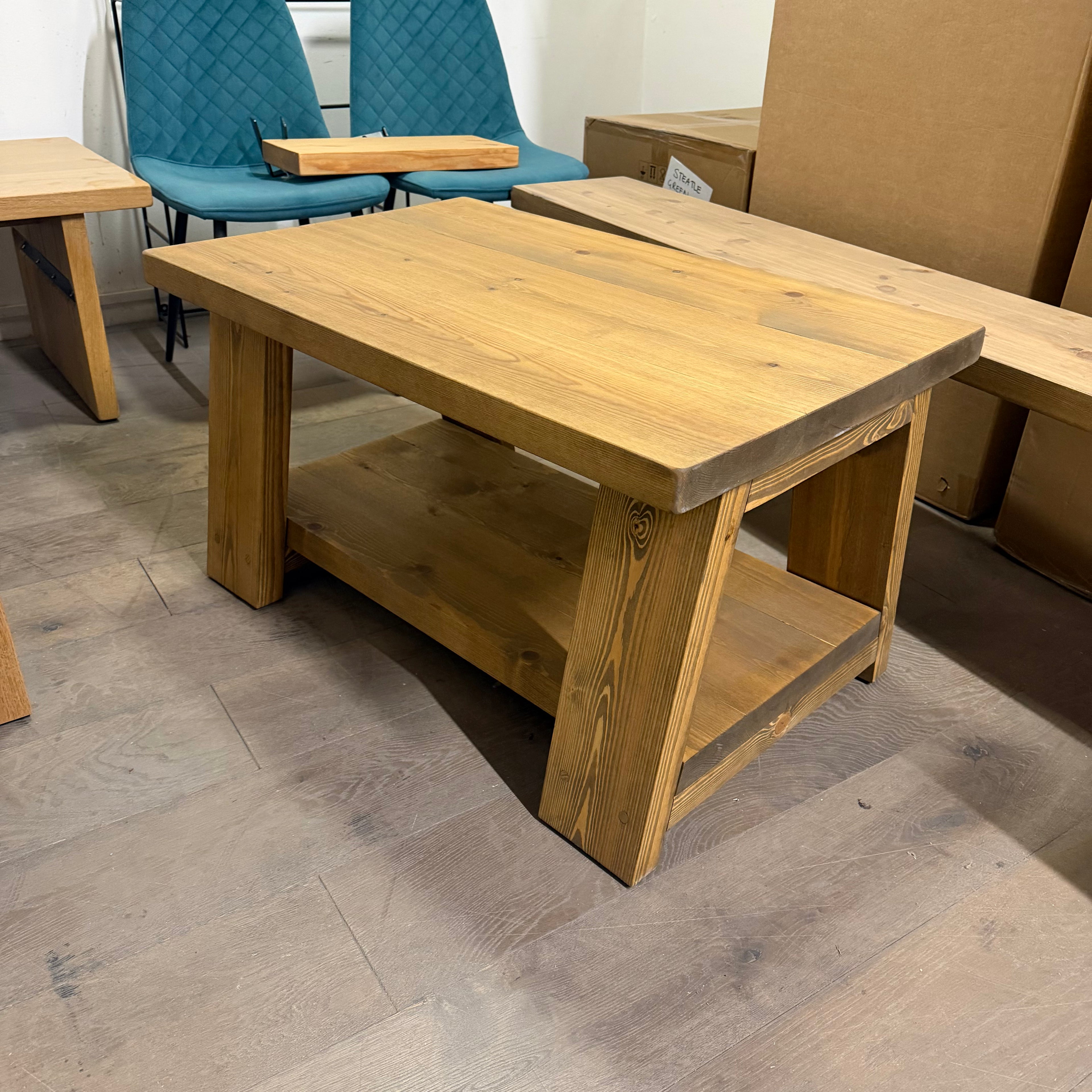 Ex Demo - 90cm x 57cm Trestle Coffee table - Smoked Oak