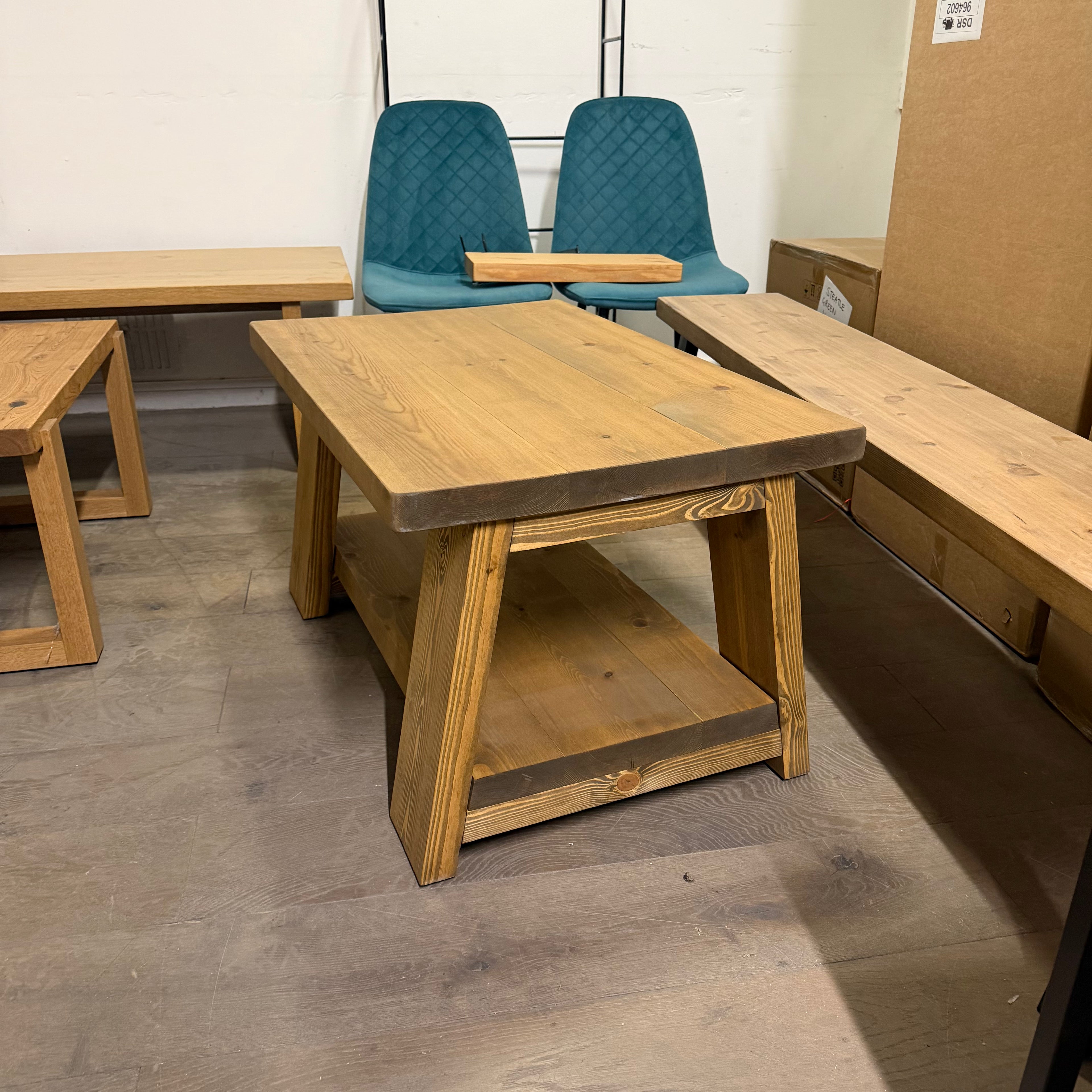 Ex Demo - 90cm x 57cm Trestle Coffee table - Smoked Oak