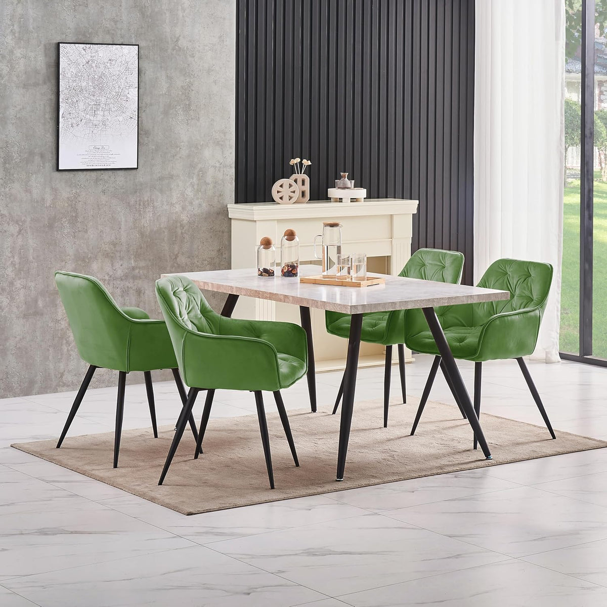 Dining room with a table and green chairs in a modern interior setting.