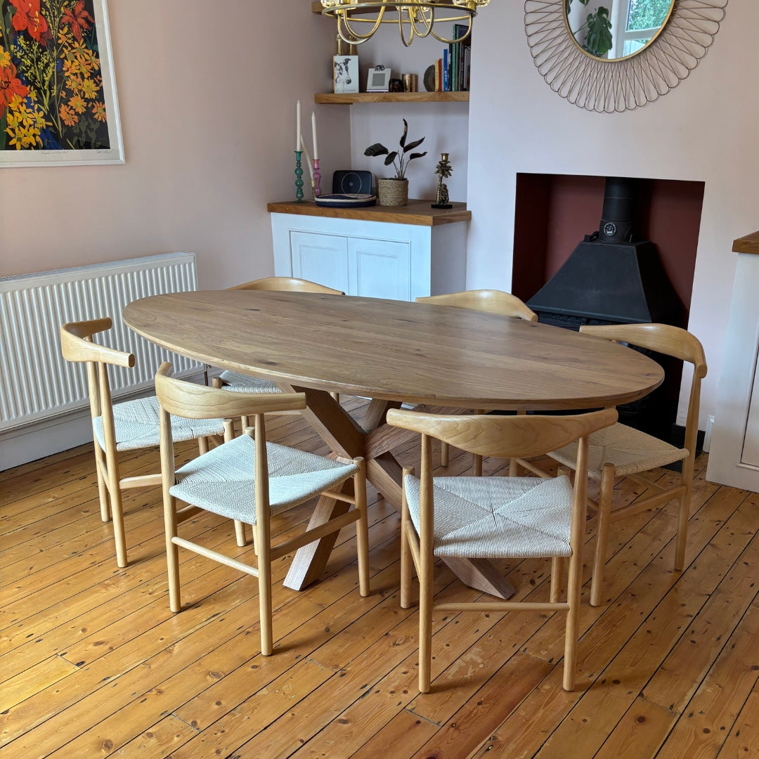Rustic Solid Oak Oval Dining Table - Central Spider Legs