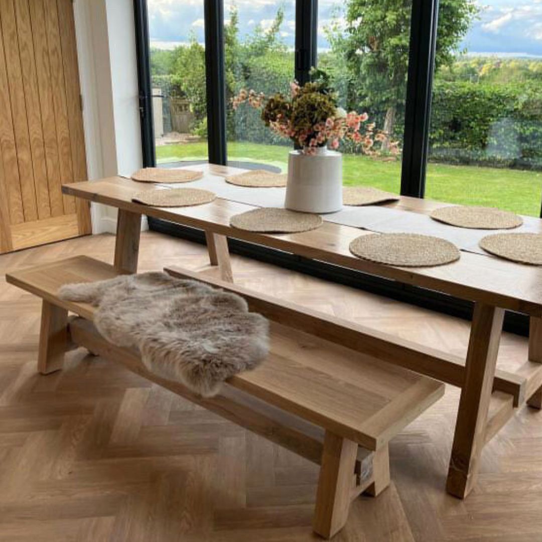 Boscobel - Solid Oak trestle dining table - thick legs masterplank uk shop