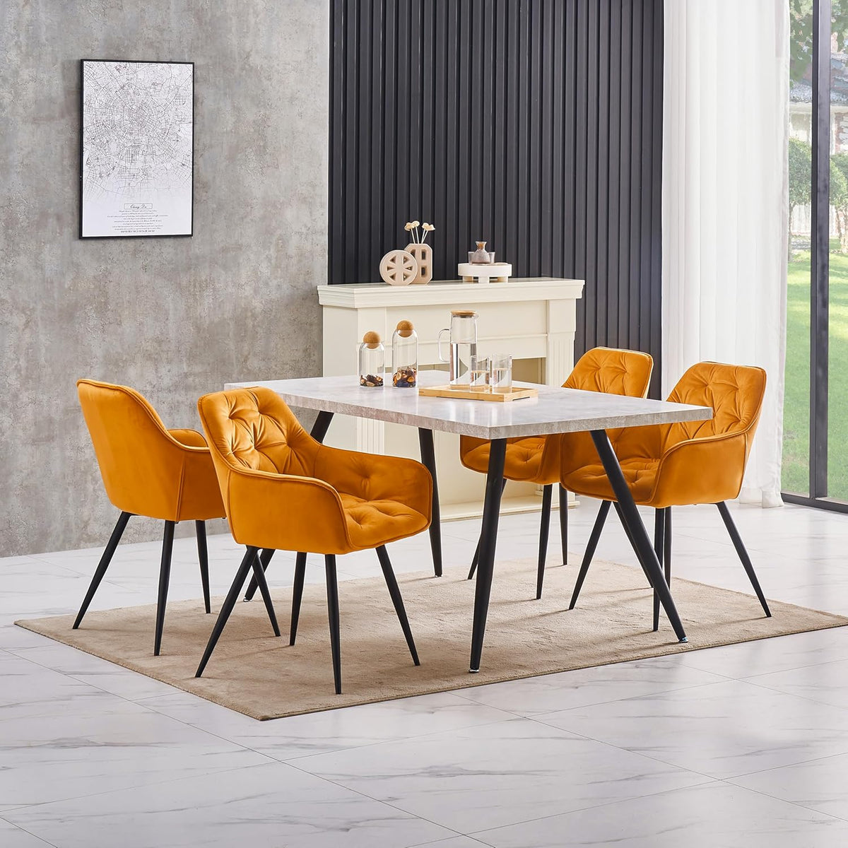 Dining room with a marble table and orange chairs in a modern setting.