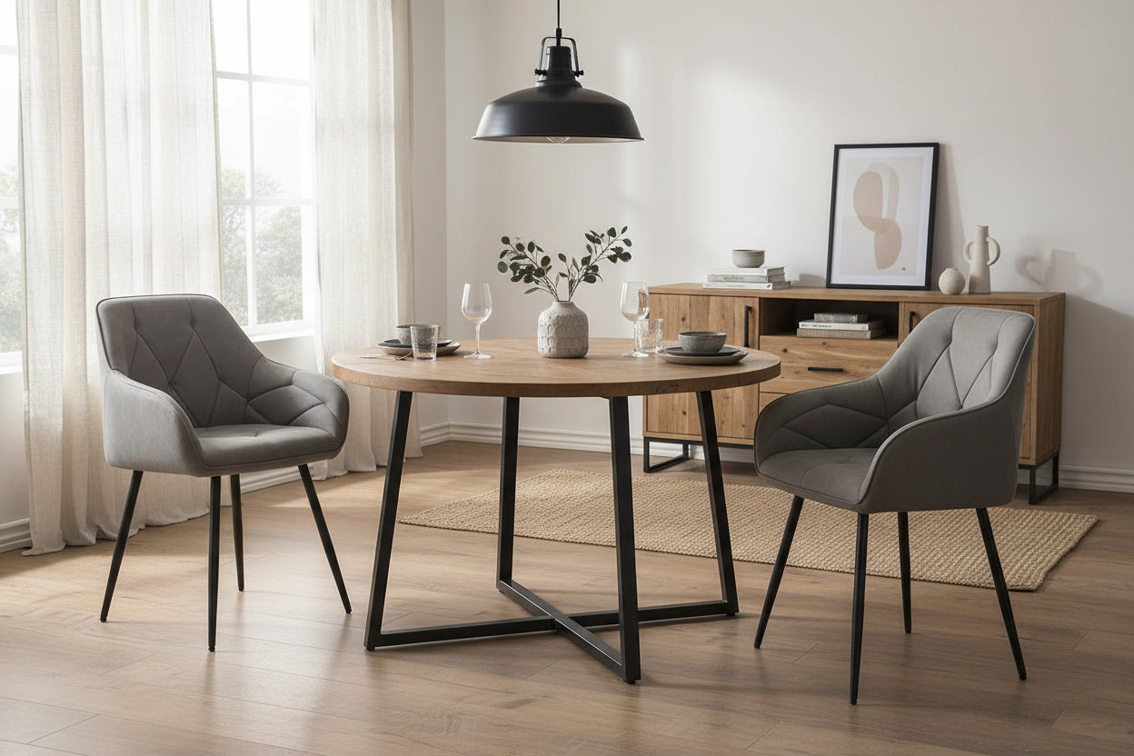 Two grey faux leather chairs with black legs