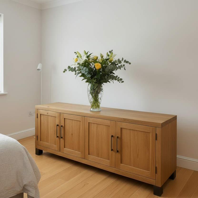 Wooden sideboard with a vase of flowers in a room with a bed and lamp.