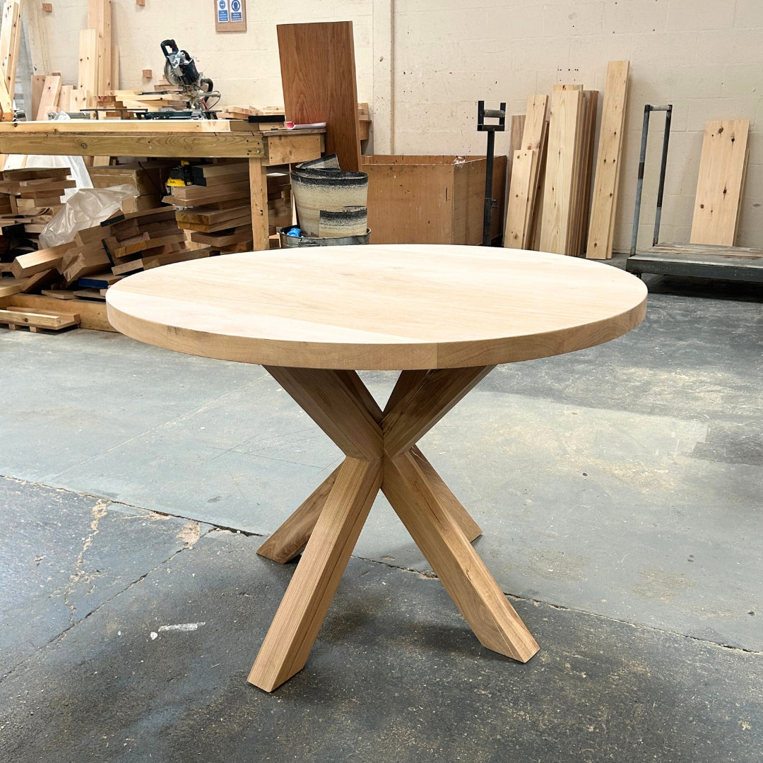 Solid Oak Round Dining Table - Cross Central Pedestal leg