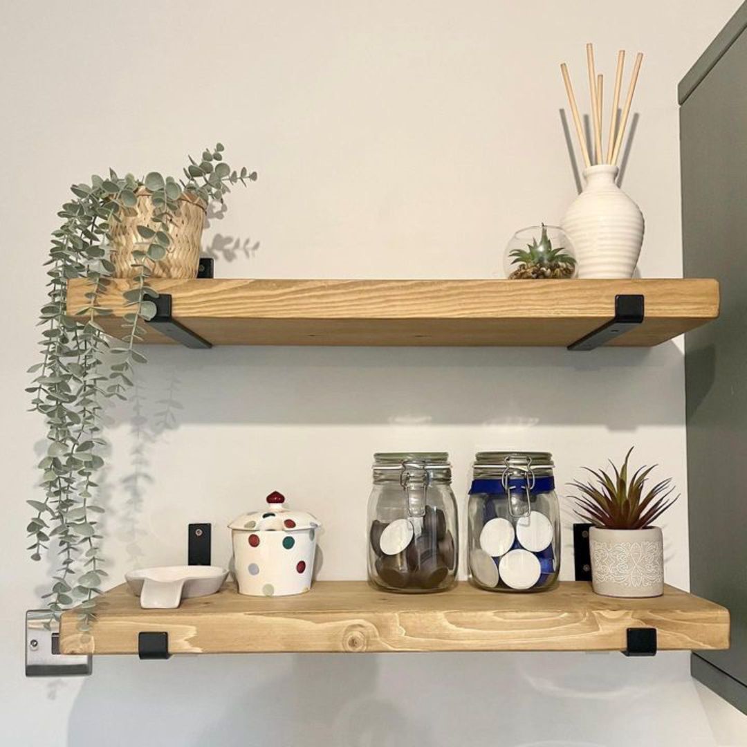 Pair of Rustic Wooden Shelves with Seated L Brackets handcrafted in the UK Shelves Masterplank UK   