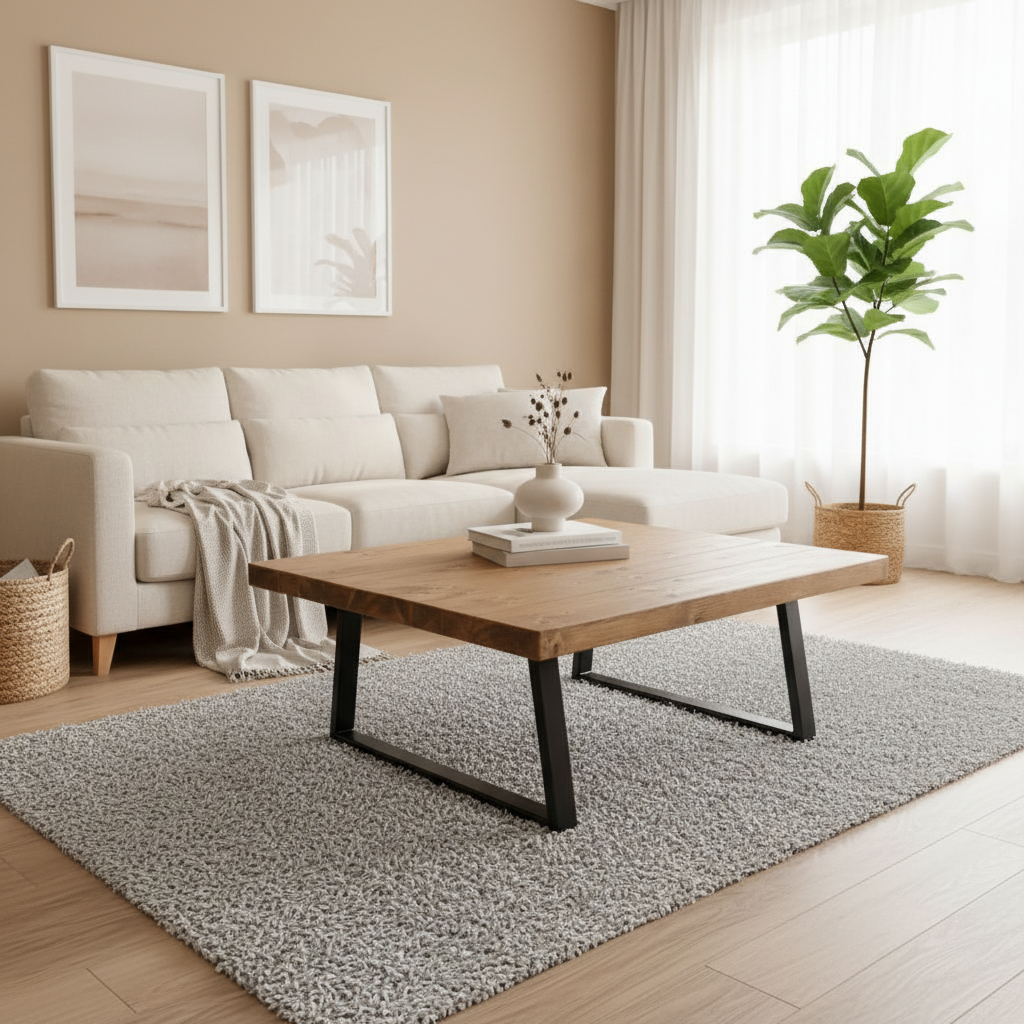 Modern living room with a white sofa, wooden coffee table, and decorative elements.