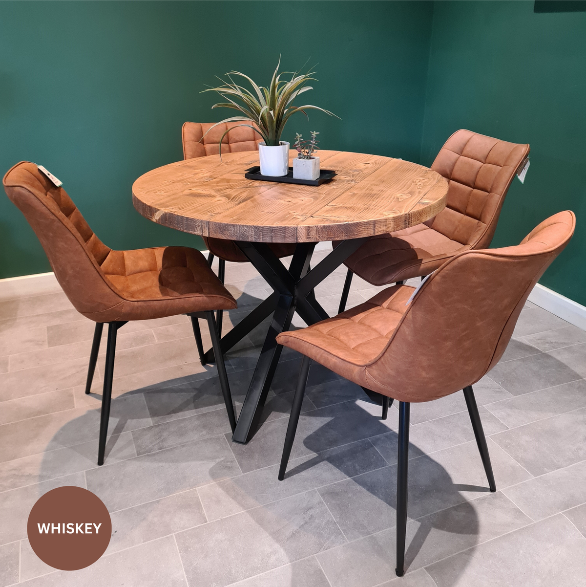 Rustic Round Dining Table - Steel crossed leg