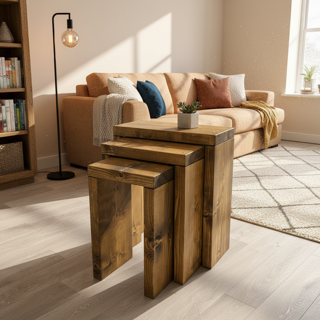 Wooden nesting tables in a living room setting with a sofa and lamp.