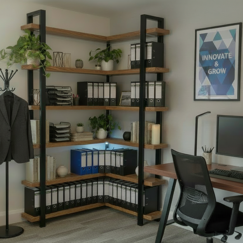 Home office with a corner bookshelf, desk, and motivational poster on the wall.