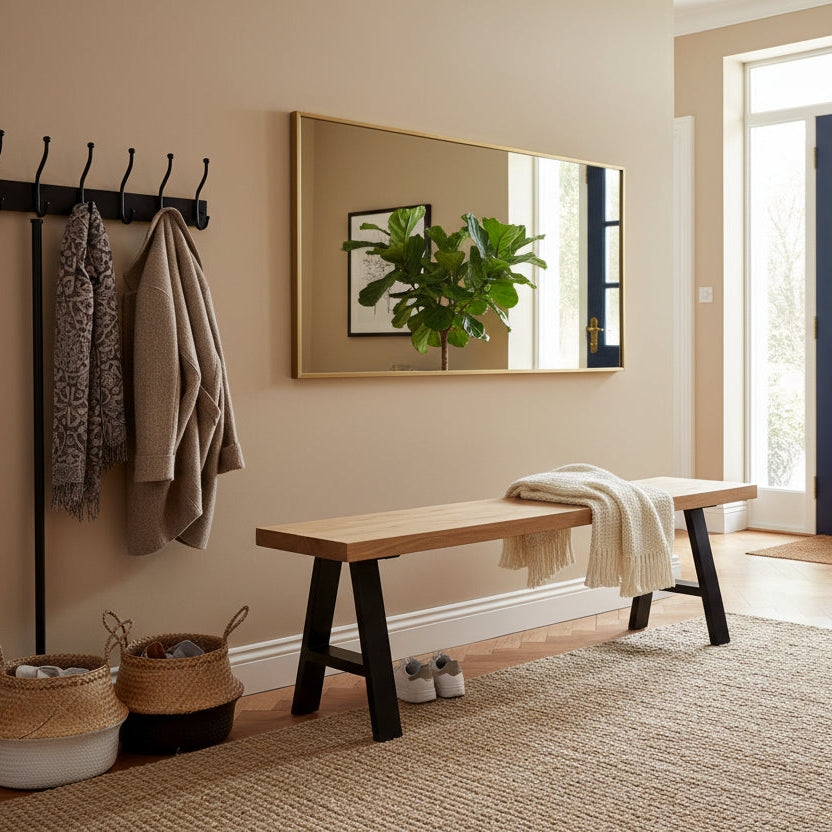 Nestled hallway with a bench, coat rack, and door.