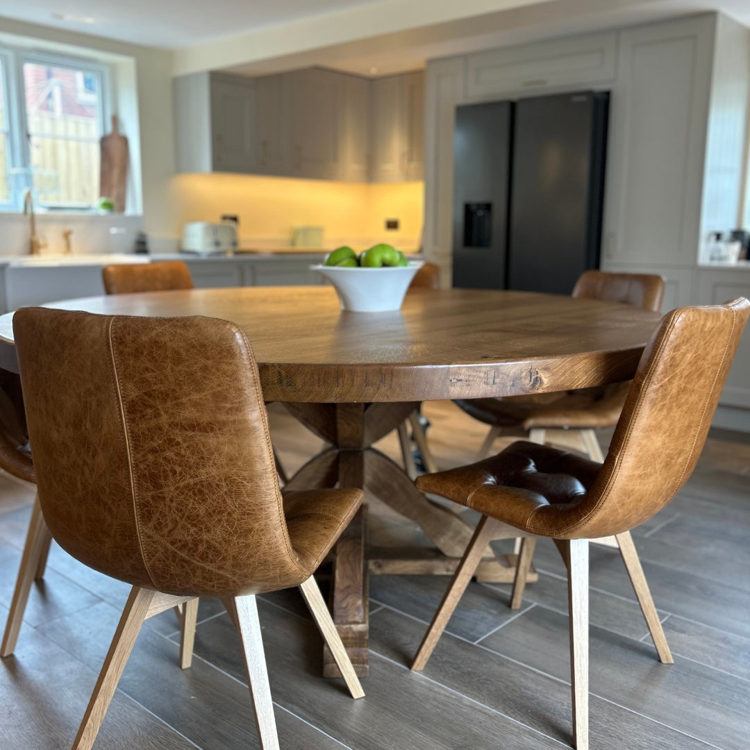 Chunky Solid Oak Round Dining table with Wooden Central Pedestal leg