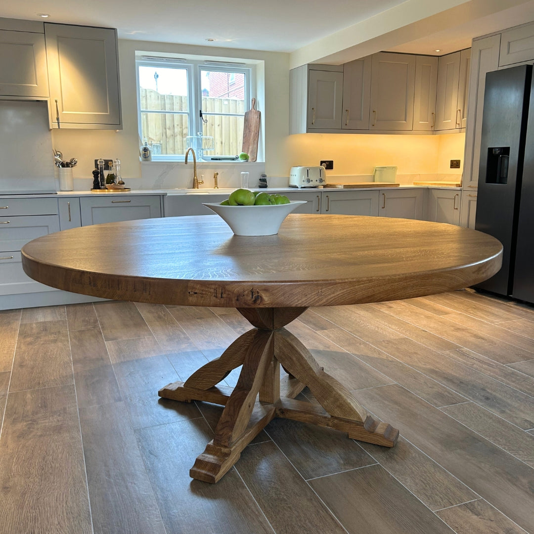 Chunky Solid Oak Round Dining table with Wooden Central Pedestal leg