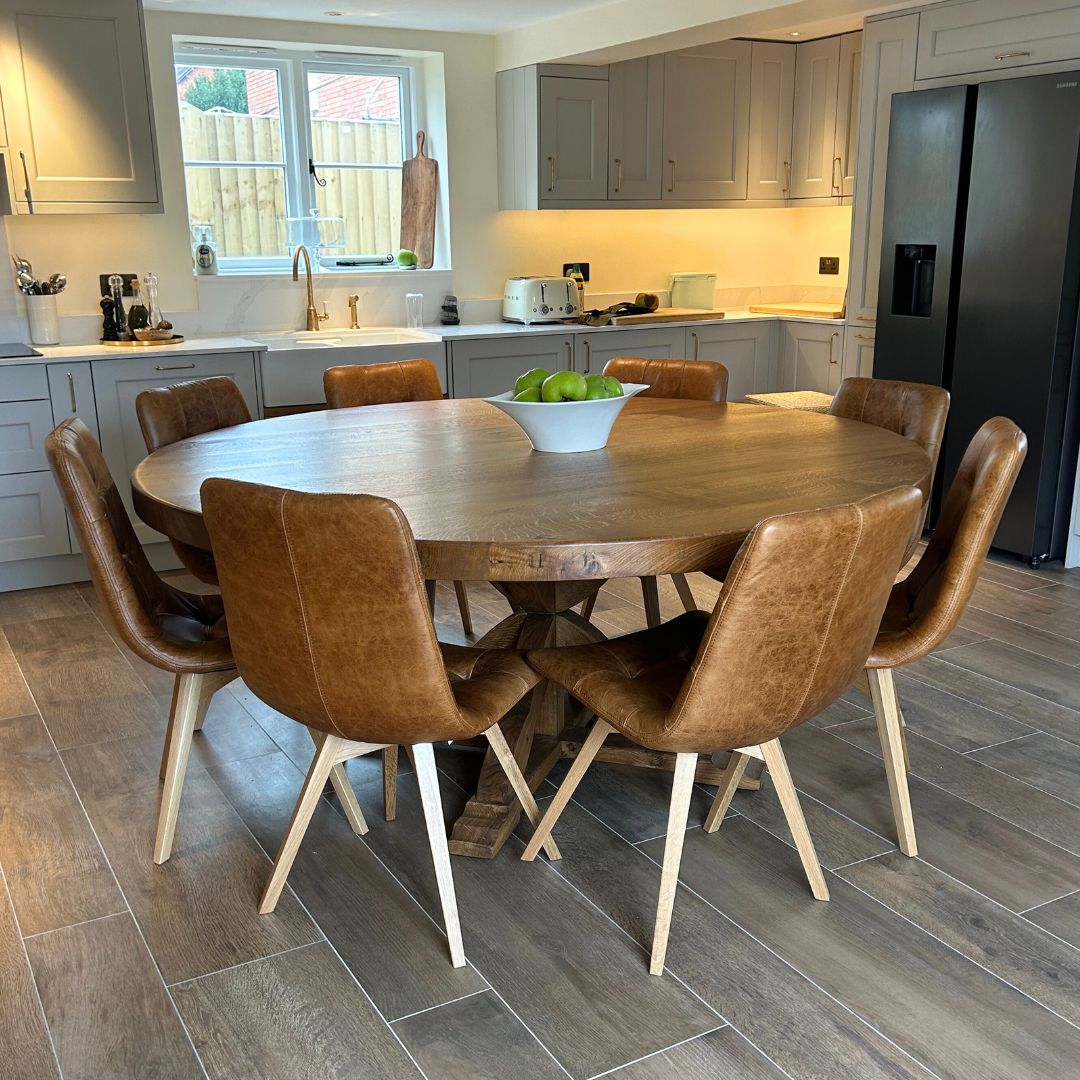 Chunky Solid Oak Round Dining table with Wooden Central Pedestal leg
