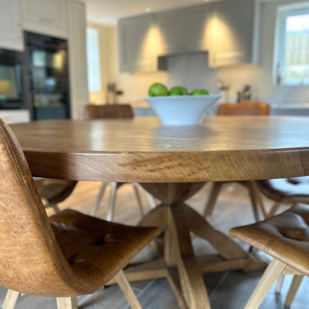 Chunky Solid Oak Round Dining table with Wooden Central Pedestal leg