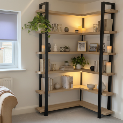 Corner bookshelf in a room with a window and a chair.