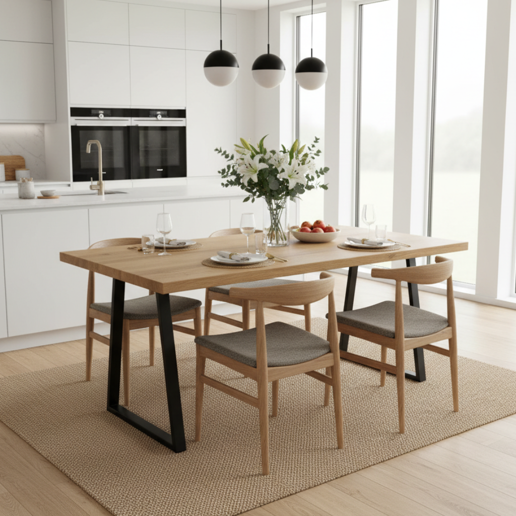 Modern kitchen with wooden dining table and chairs, featuring a vase of flowers and fruit bowl.