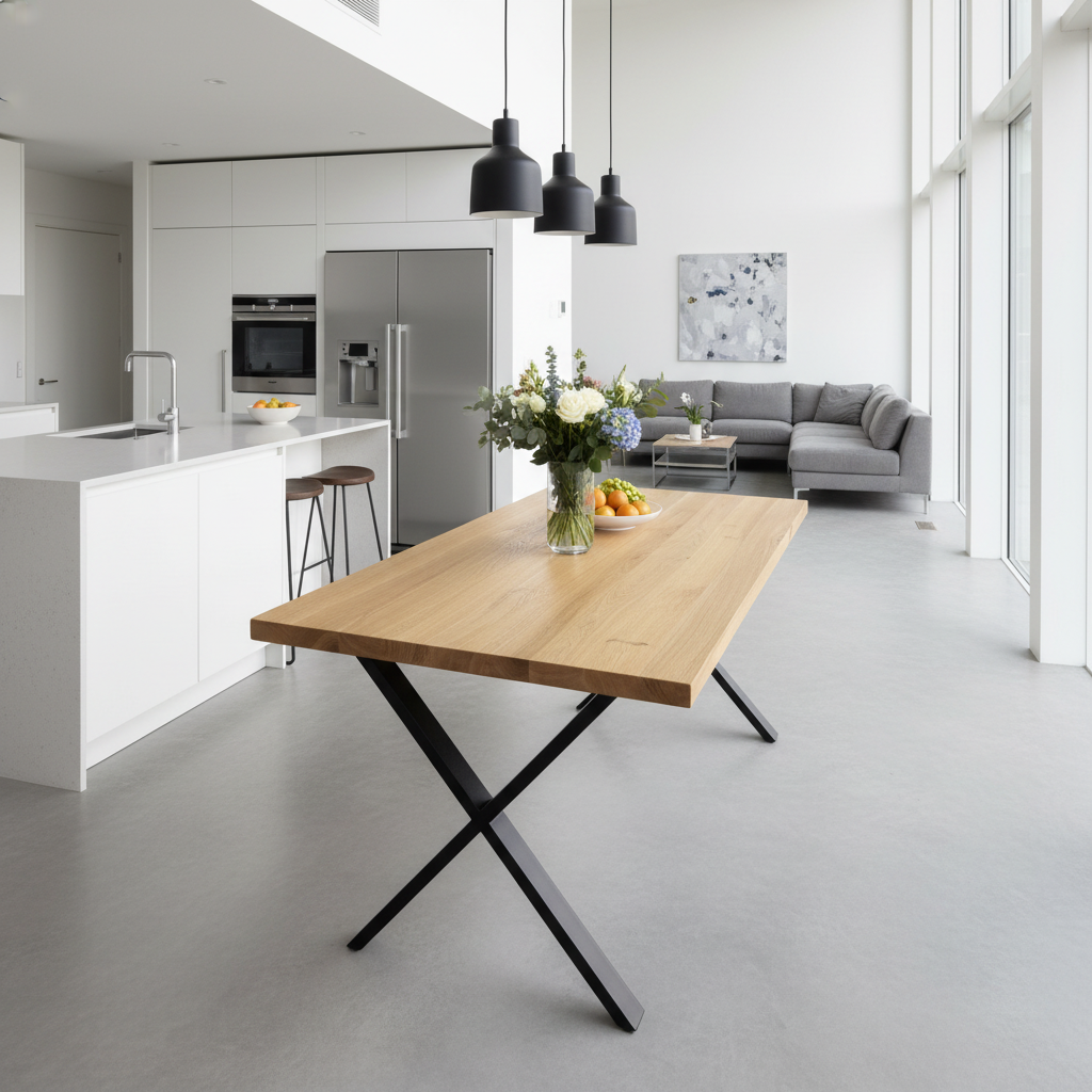 Modern kitchen and living room with a wooden dining table, gray sofa, and kitchen appliances.